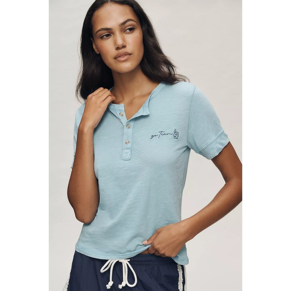 Pilcro Anthropologie Go Team Embroidered Icon Henley T-Shirt NWT Size Medium